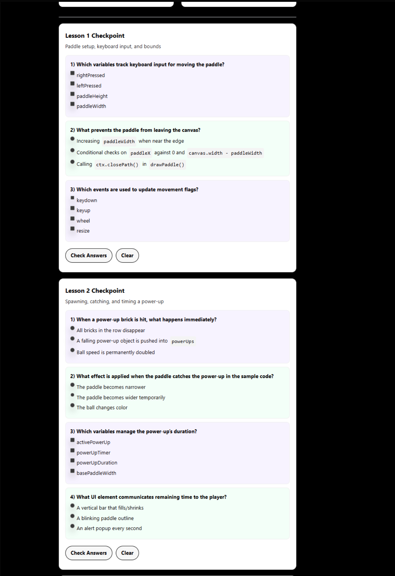 Checkpoint Questions Interface